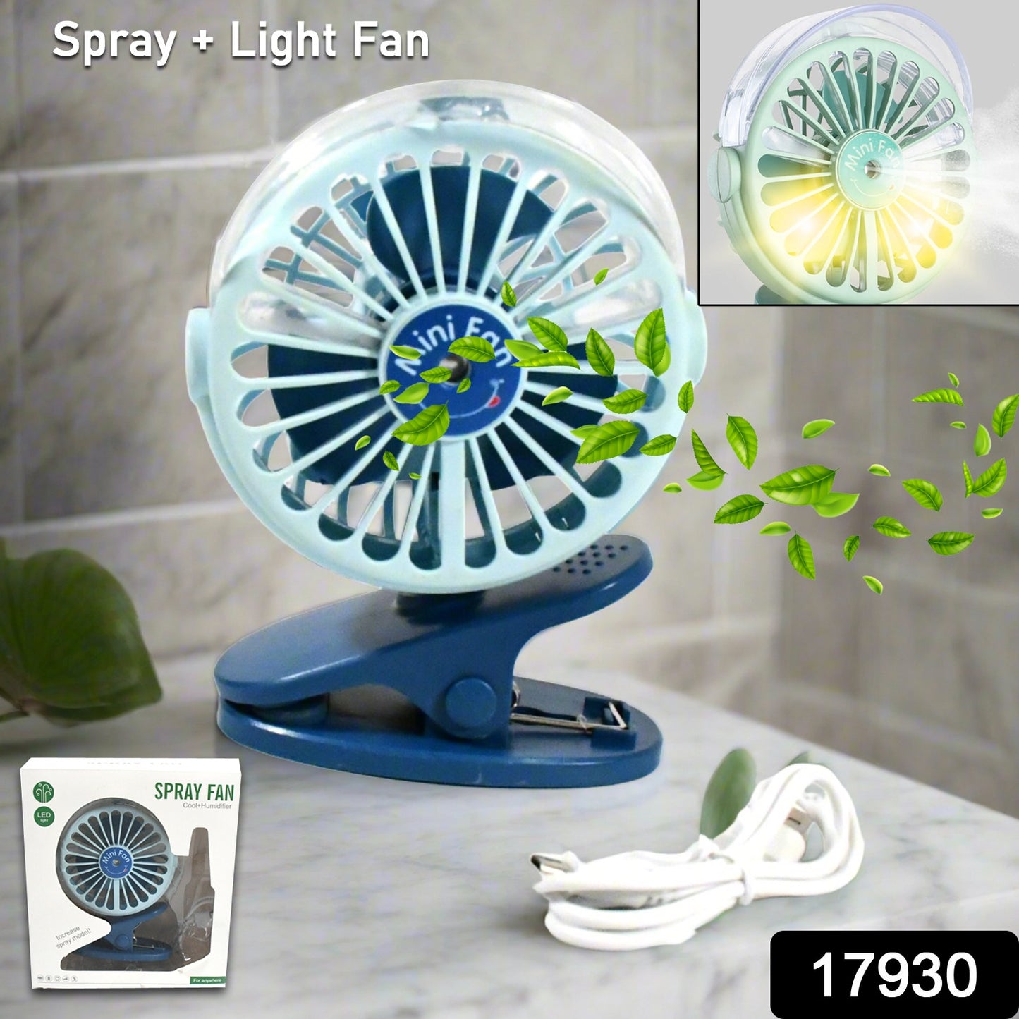Portable Clip-on Fan Battery Operated With Light Spray