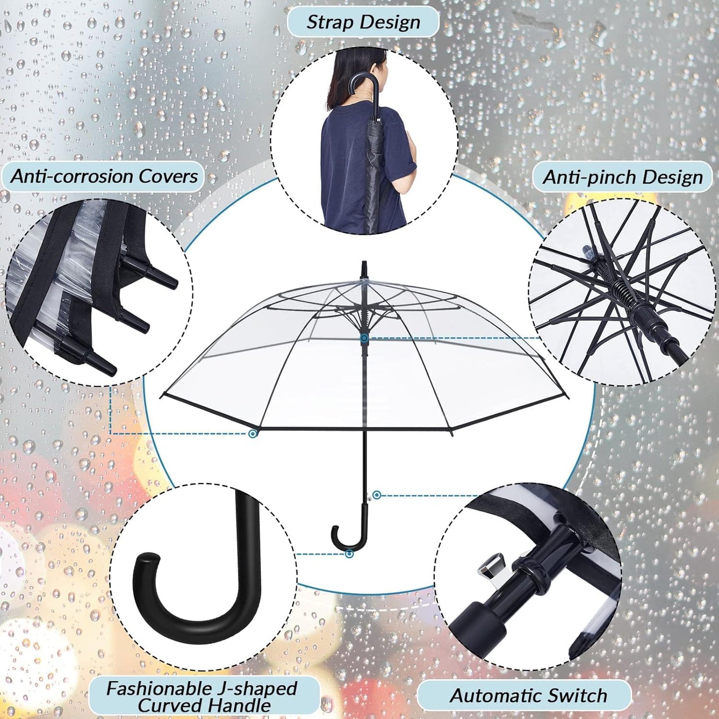 Contacts Transparent Windproof Travel Waterproof Canopy, Strong Fiberglass Frame Portable Umbrella for Rain
