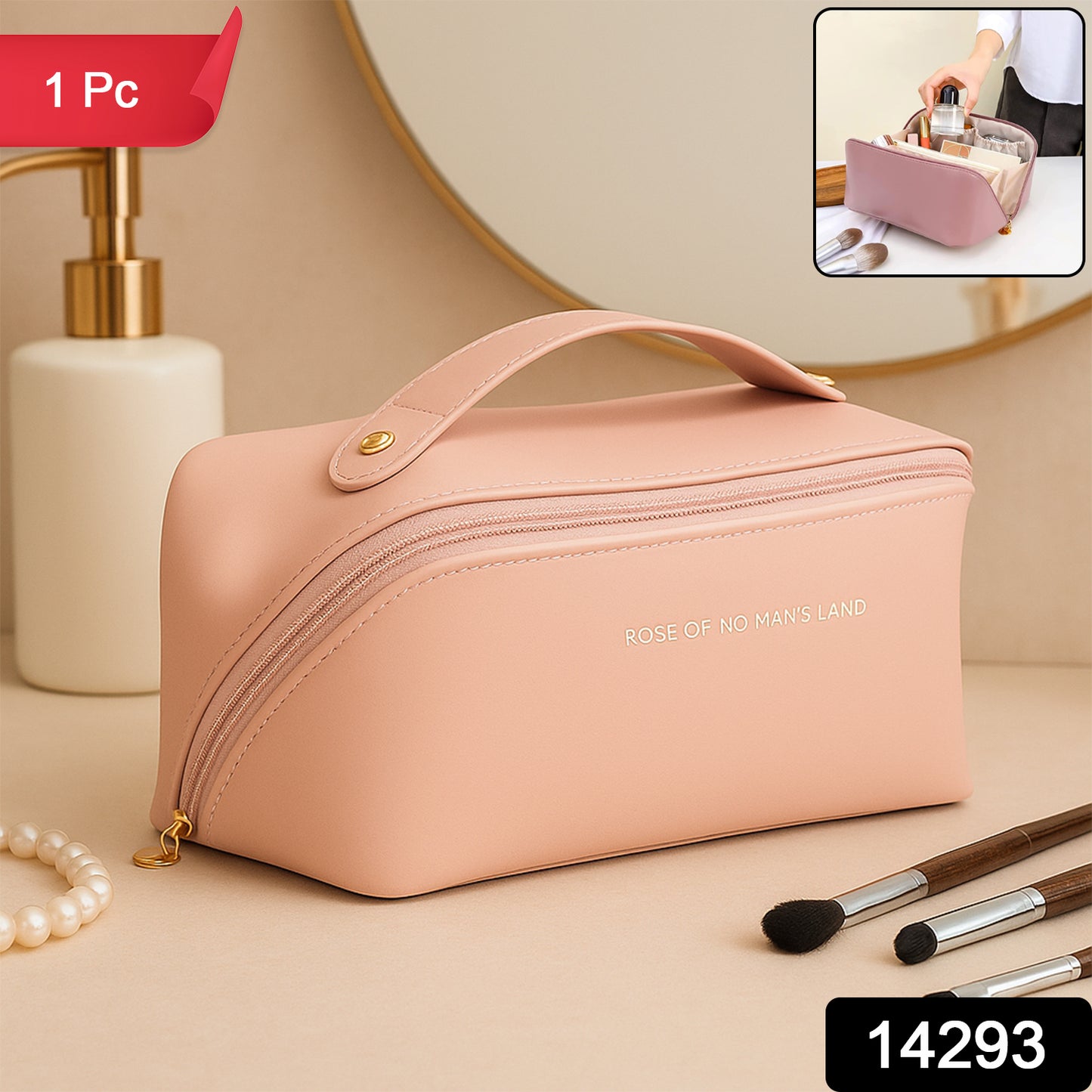 Premium Peach Travel Makeup Toiletry Organizer Pouch With Zipper  Handle (1 Pc)