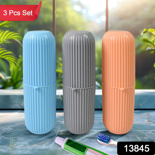 Capsule Shape Travel Toothbrush Toothpaste Case Holder (Multicolor 3 Pcs Set)