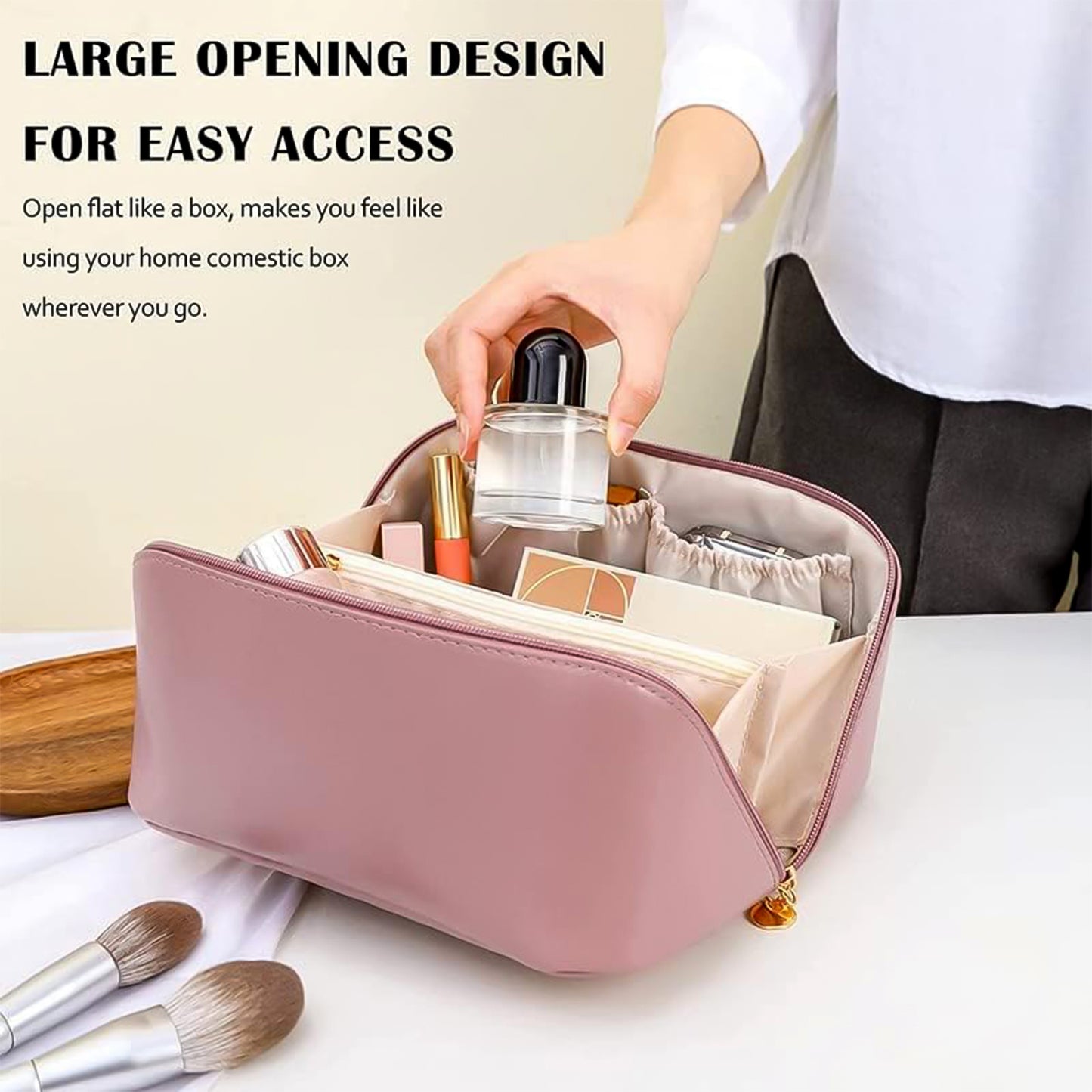 Premium Peach Travel Makeup Toiletry Organizer Pouch With Zipper  Handle (1 Pc)